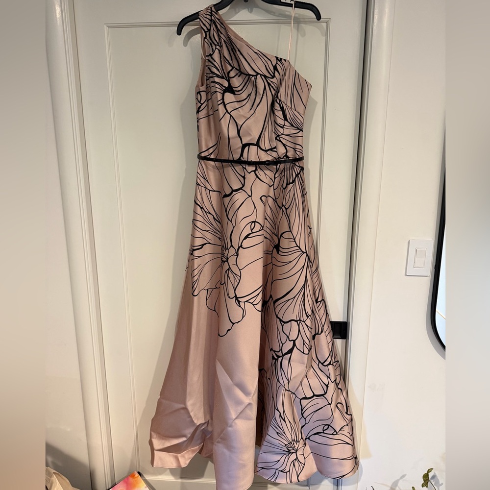 Carmen Marc Valvo Blush Pink and Black One-Shoulder Floral Gown
